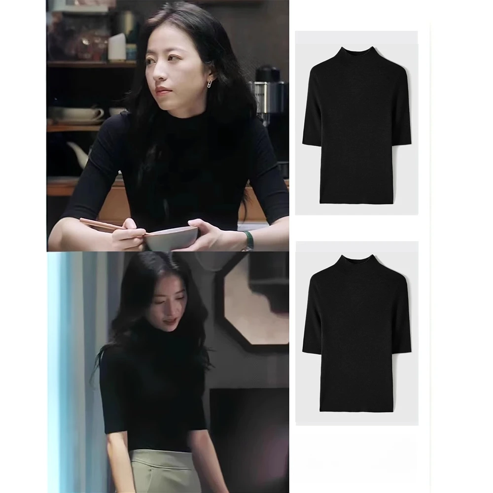 女式半袖t恤早秋高级感气质黑色半高领打底正肩显瘦中袖早秋上衣