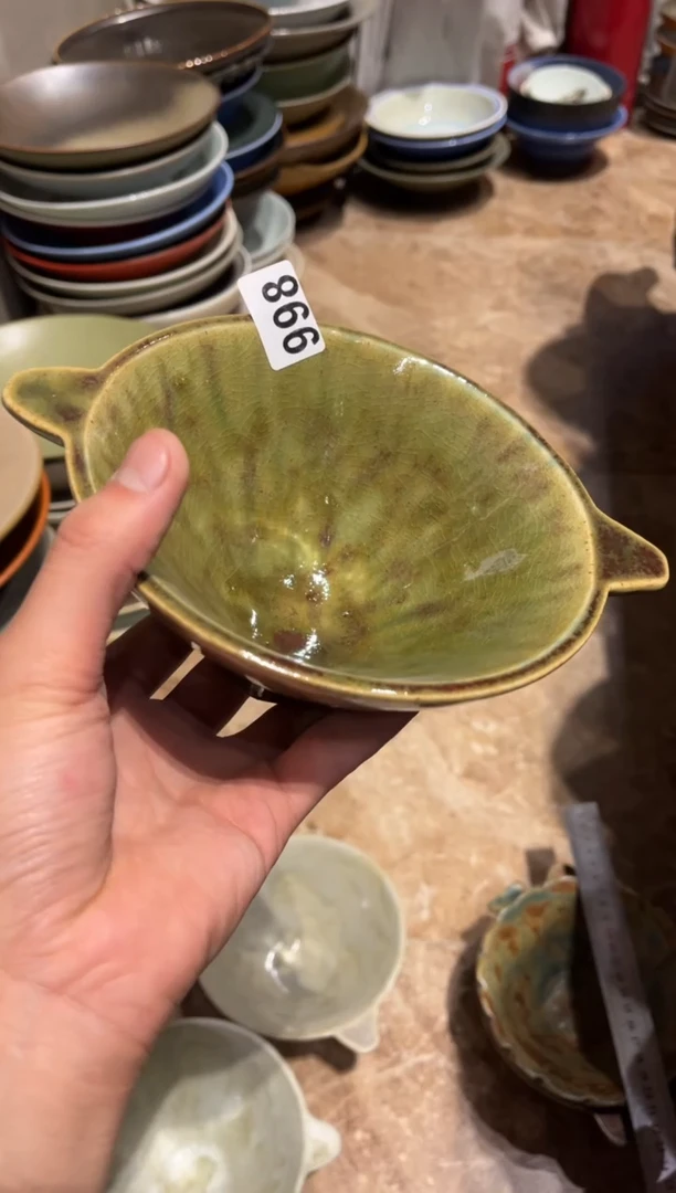 【闪购商品】瓷片998微瑕窑变绿双耳斗笠碗