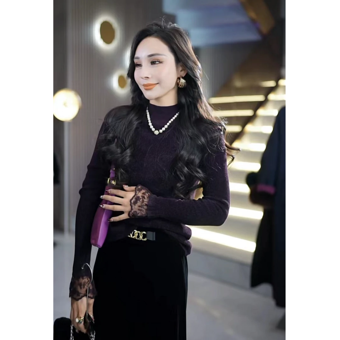 时尚百搭收腰显瘦不起球肩膀蕾丝女士套头过年穿的毛衣1m8593200