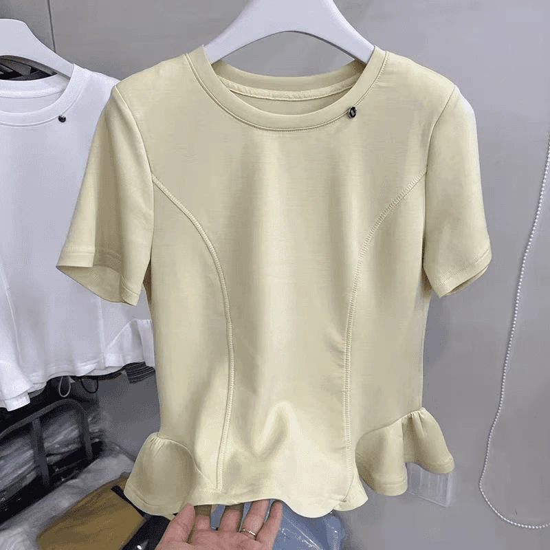 【花花定制】荷叶边短袖T恤女春款2025新款设计感百搭上衣