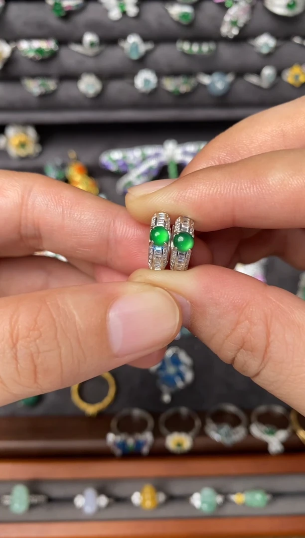 银S925镶嵌翡翠耳饰卡4阳绿满色耳扣