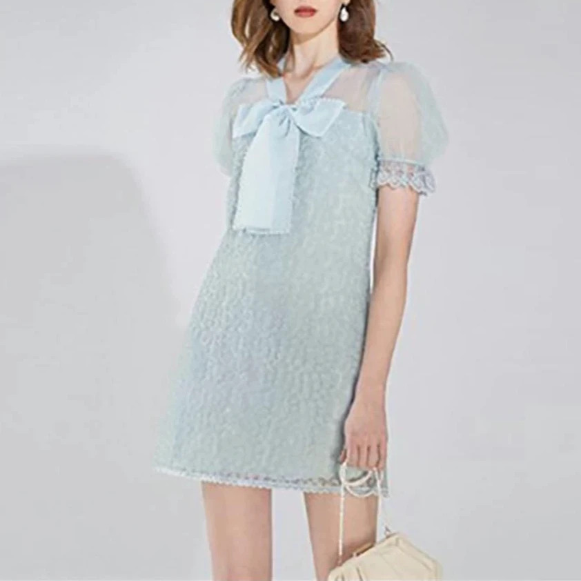 F1952-【微】珠珠蝴蝶结显瘦连衣裙#ZIR56L048