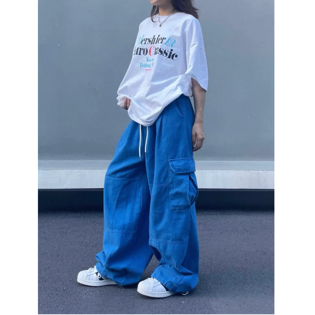 【莺梦】美式复古多巴胺工装裤男女街头阔腿直筒腰带绳休闲裤高街潮