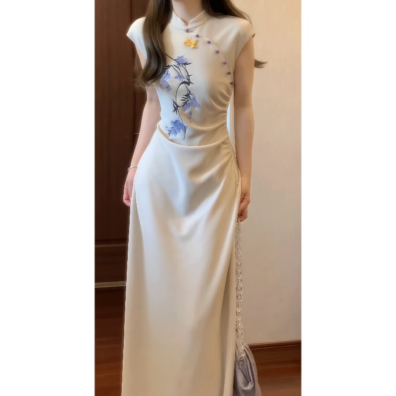 新中式国风立领珍珠扣刺绣改良旗袍连衣裙少女收腰气质长裙9621