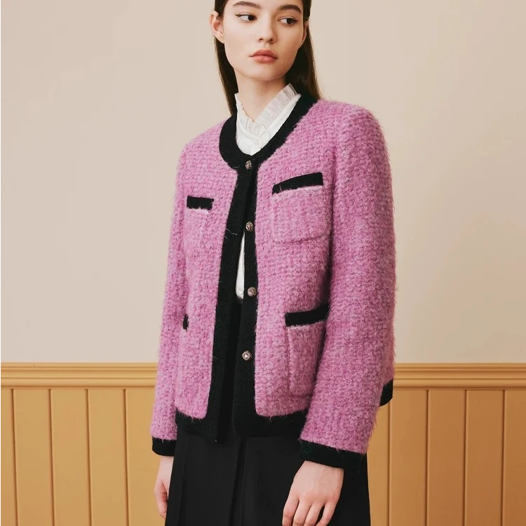 诗家圆领学院风小香风花纱羊毛外套