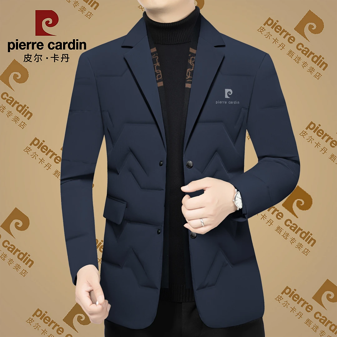 皮尔卡丹冬季新款高档男士羽绒西服中年保暖修身百搭鸭绒羽绒服男