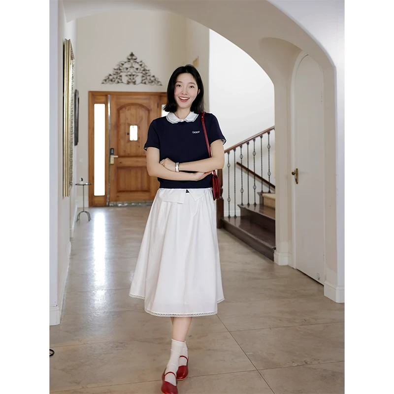 郭九九呢 棉蕾丝假两件拼接短袖t恤简约百搭半身裙 G925A01916