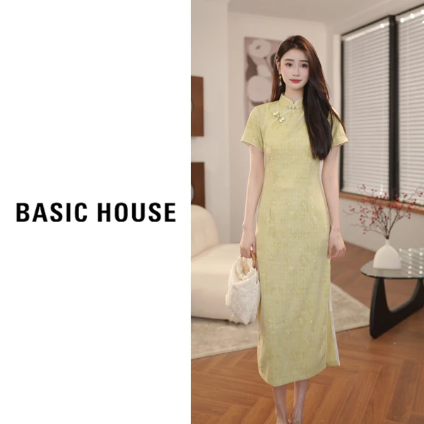 Basic House/百家好欧若新中式改良款长款中国风绿色旗袍B5Q662