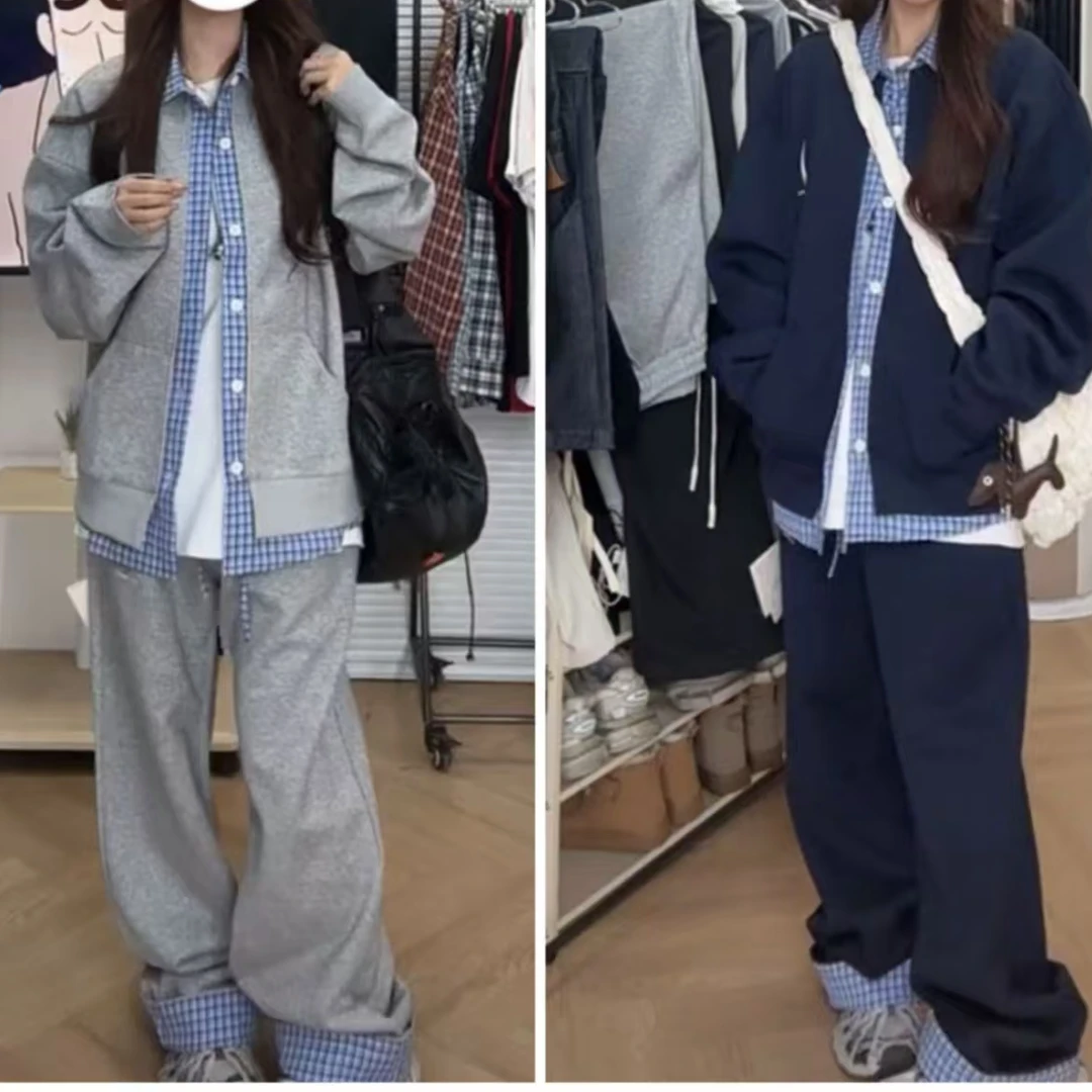 叮叮家【格纹拼接】春秋款ins翻领格子拼接纽扣宽松外套+翻边卫裤