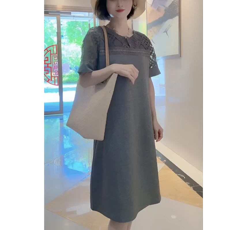 2025年高腰显瘦A字裙减龄百搭蕾丝拼接连衣裙9931