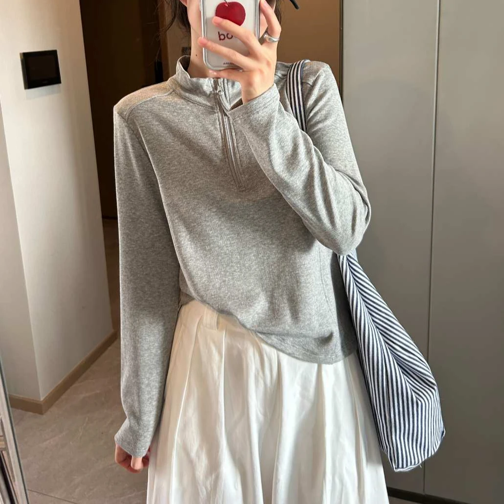 「巨柔软天丝棉 拉链衫」小立领长袖打底衫 秋冬韩版简约百搭T162