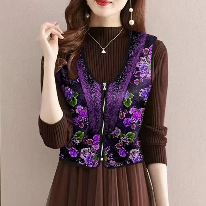 2025春秋季新款中老年防寒小外套薄款一体绒内搭外穿贴身拉链马夹