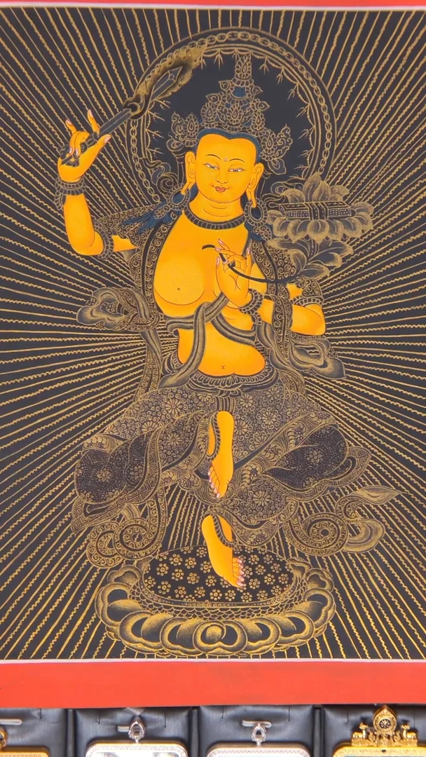 装裱画黑金文殊造像唐卡