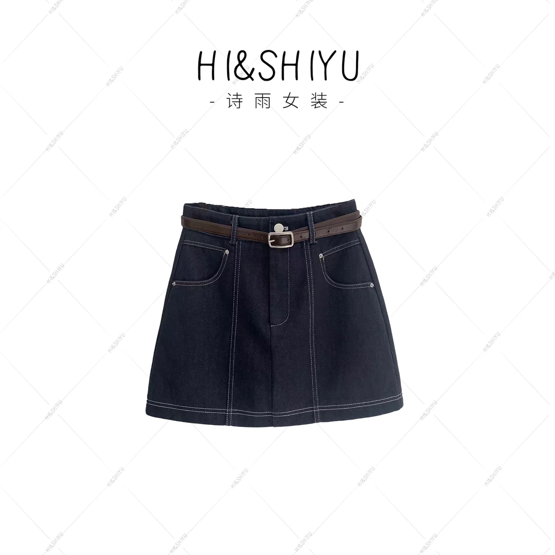HISHIYU明线设计感牛仔裙新款显瘦A字短裙高腰防走光半身裙