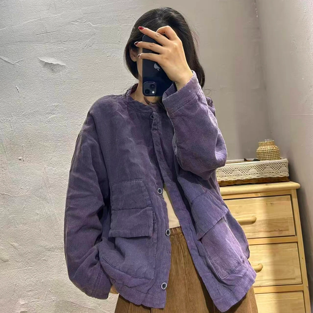 【半奏】2025秋冬炒色砂洗亚麻双层棉服女 胸围106衣长前55后60