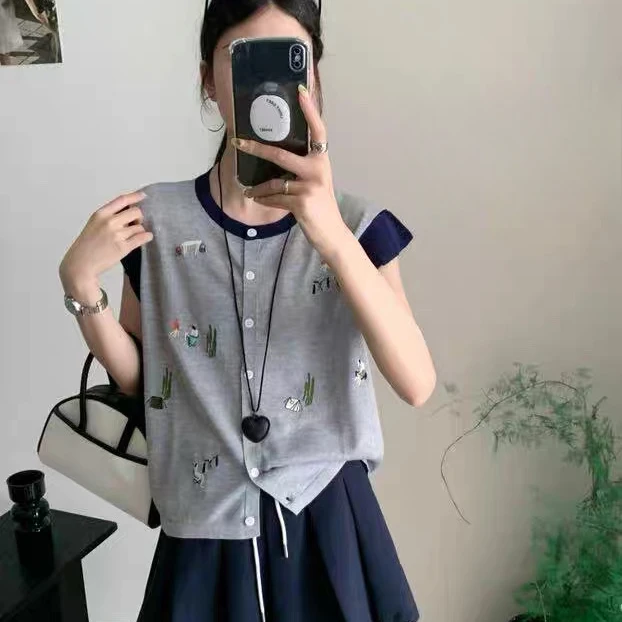 6232佳选女装新款刺绣韩系小飞袖百搭开衫短袖