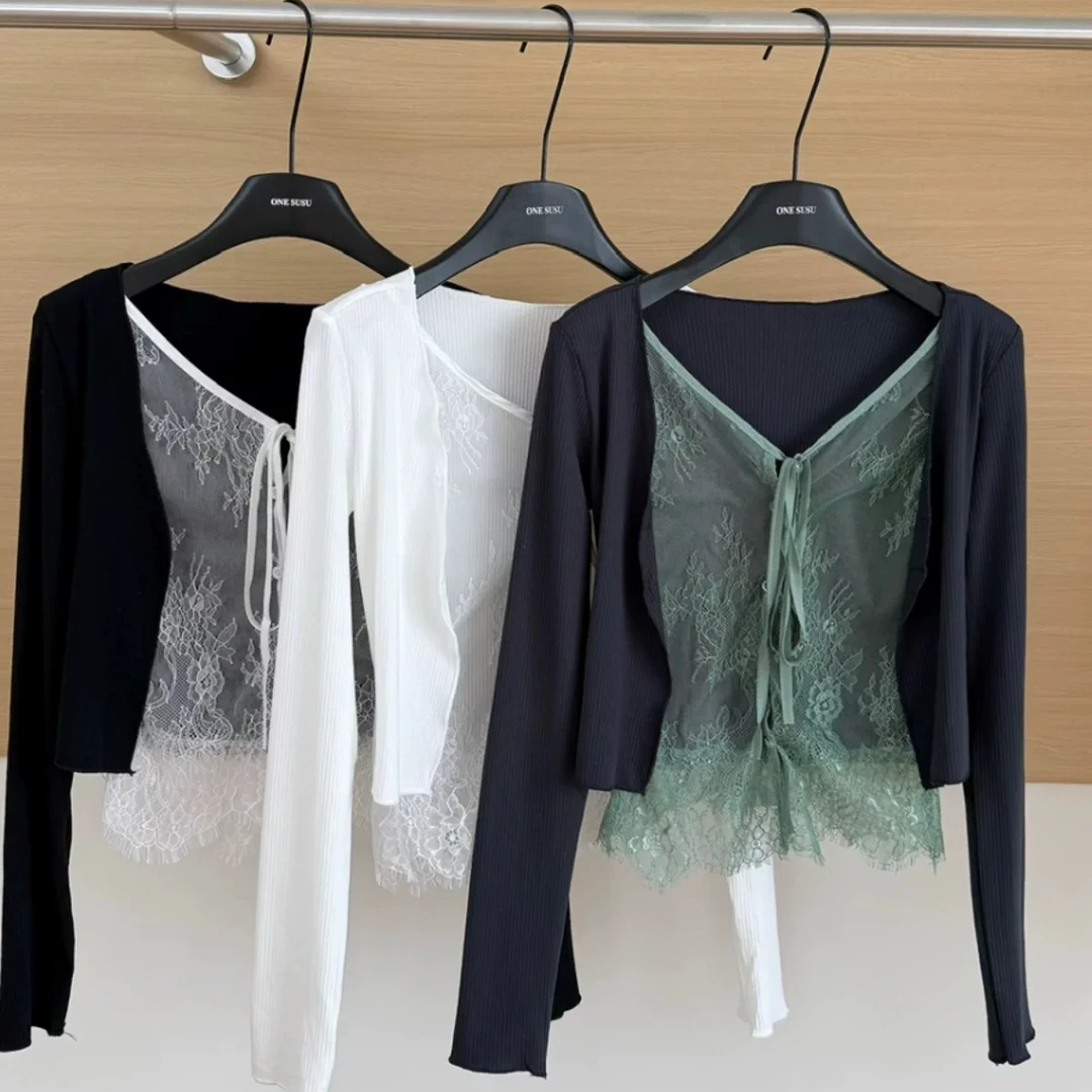【奥莉】2025春夏：韩系少女 | 纯欲假两件拼接蕾丝荷叶边针织衫9101