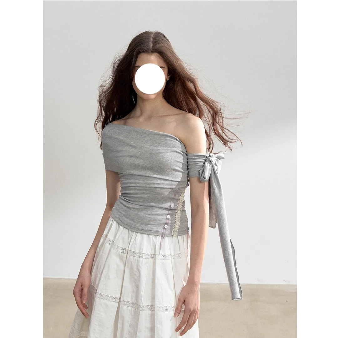 "夏日疗愈"夏季新款斜肩飘带设计感修身显瘦露肩一字肩T恤上衣女