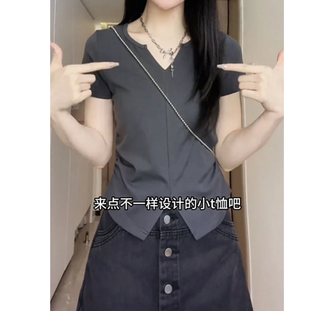 棉大码开叉不规则短袖t恤女夏季新甜辣妹小众设计感遮肉显瘦上衣
