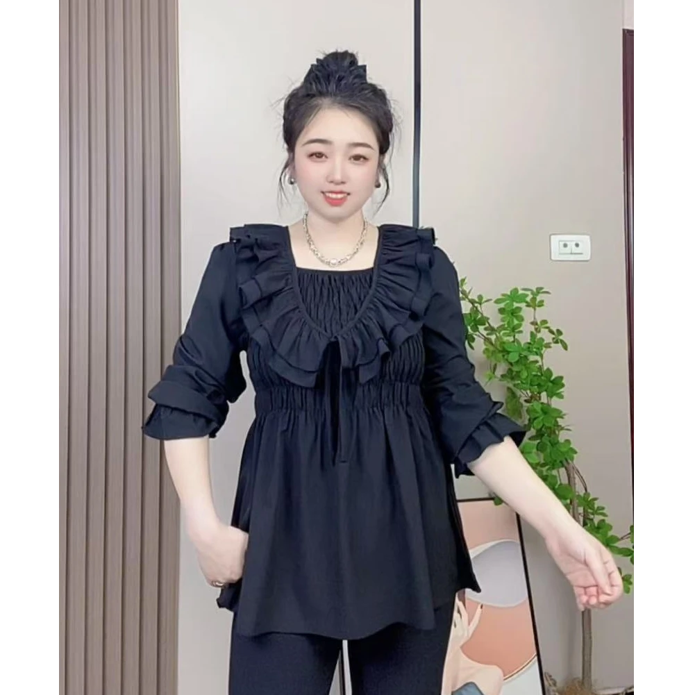 法式拼接花边收腰娃娃衫胖妹妹大码女装2025遮肉春季宽松显瘦上衣