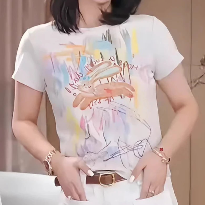 2025夏新款百搭修身显瘦设计师小兔子彩色圆领短袖T恤时尚上衣女