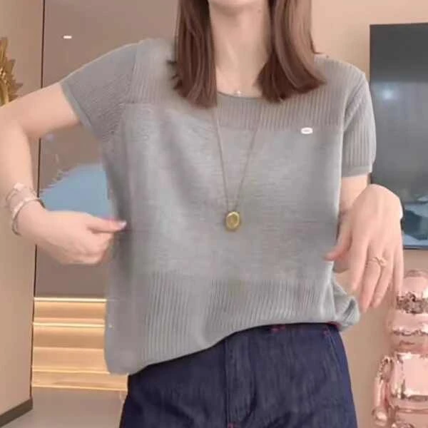新款宽松圆领短袖针织上衣女夏季爆款小衫遮肚气质显瘦时尚t恤潮