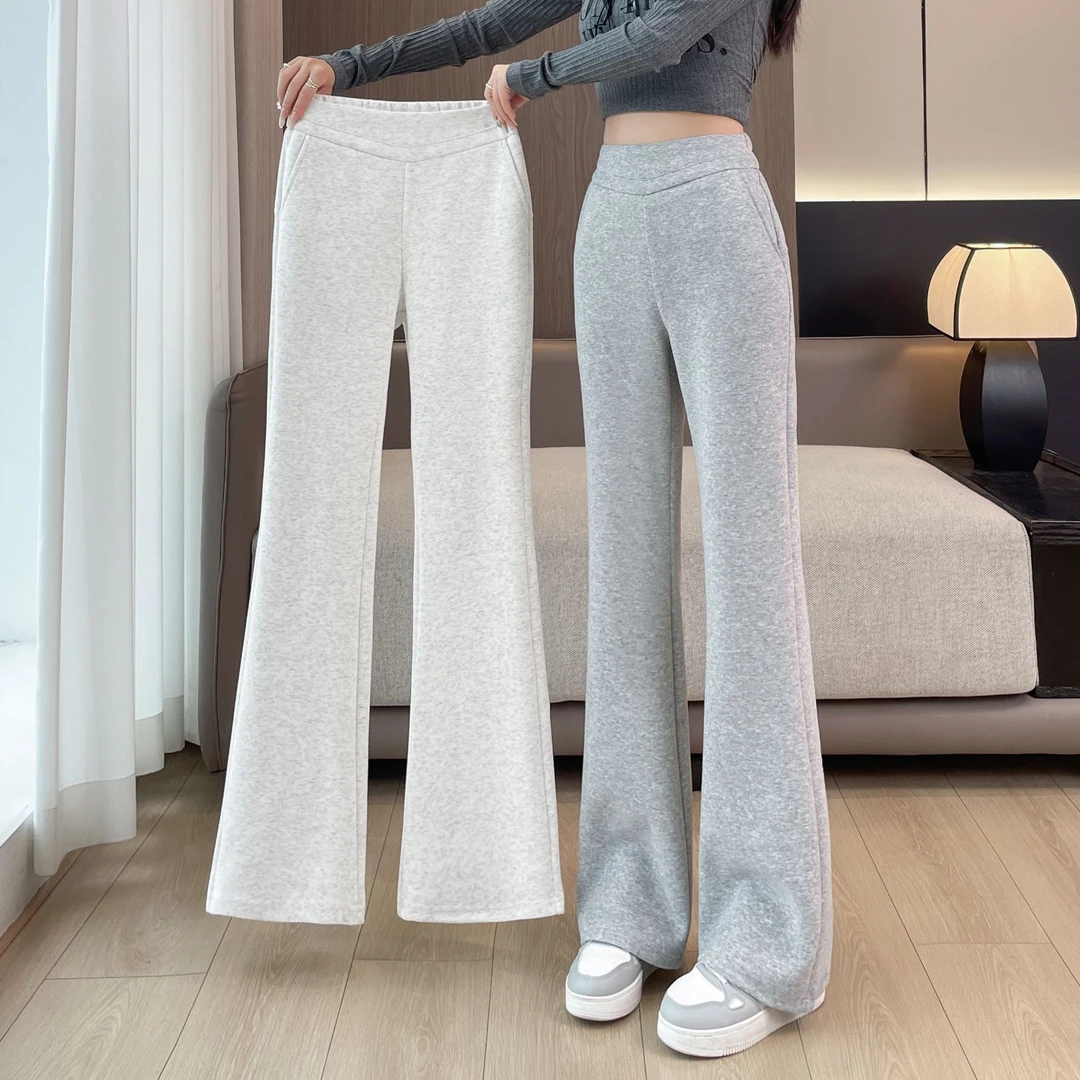 白灰微喇裤女2025秋冬新款高腰显瘦弹力加绒加厚拖地喇叭运动裤子