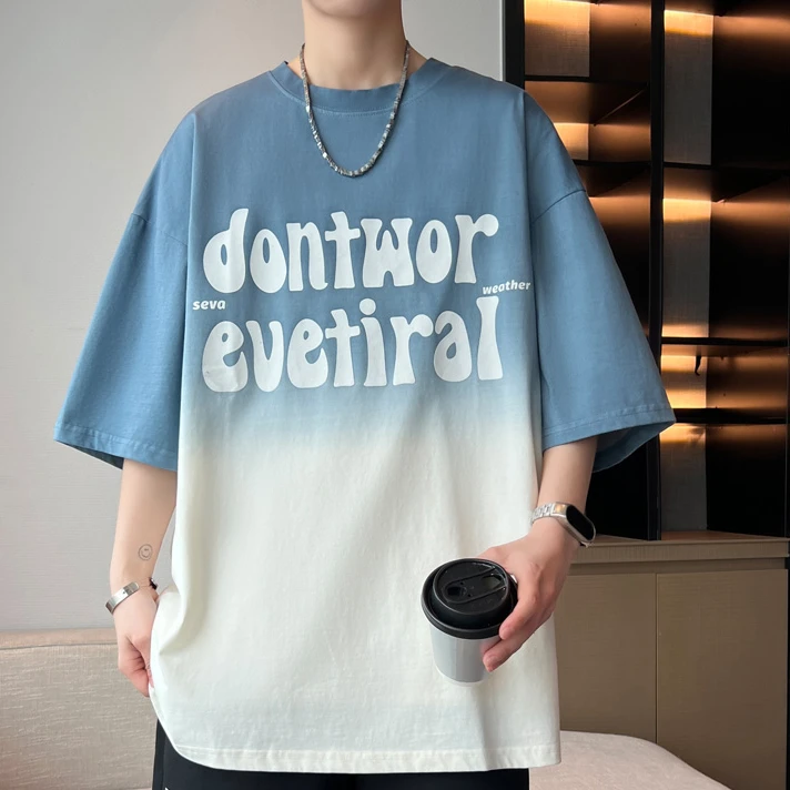 青少年2025年夏季新款短袖时尚潮流渐变印花T恤学生休闲半袖上衣