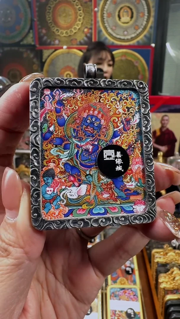 吊坠壹善缘城手绘唐卡六臂大黑天铜壳双面