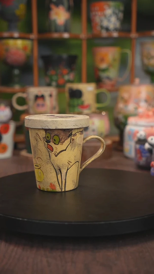 紫砂油画釉下彩手绘紫砂盖杯