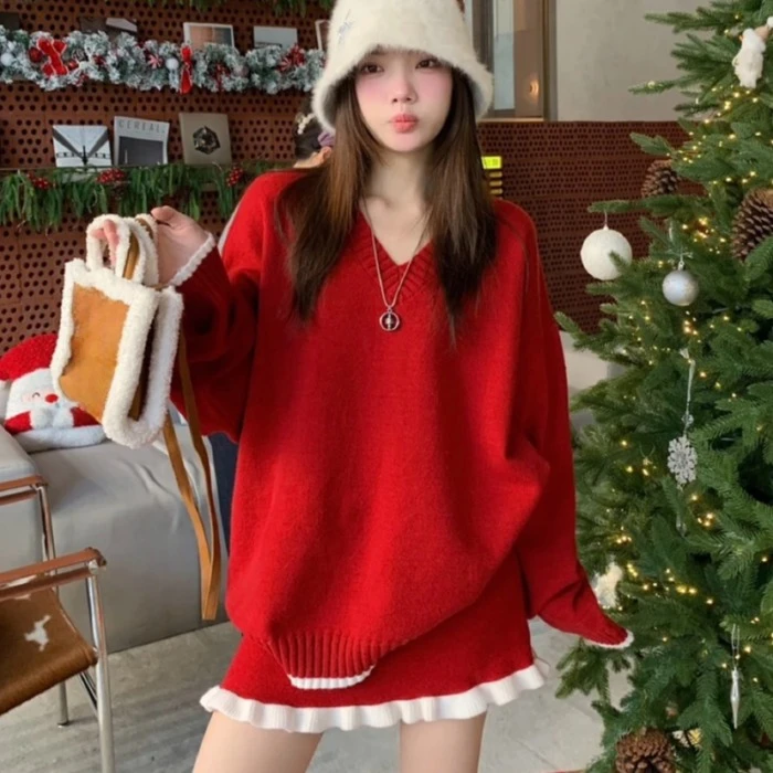 新年过年战袍红色毛衣套装女秋冬季搭配一整套高级感半身裙两件套