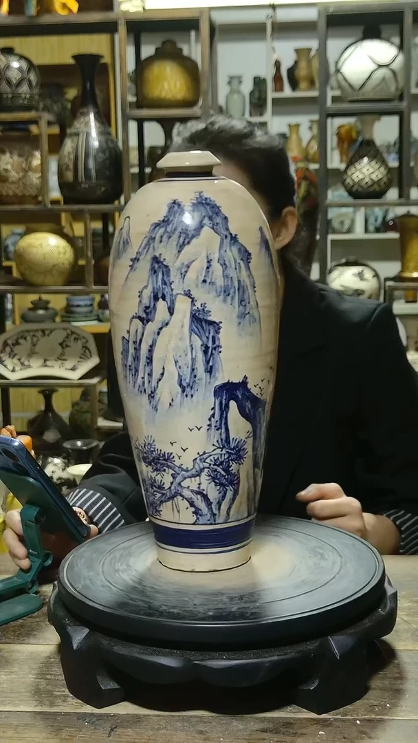 摆件磁州窑青花绘画山水风景梅瓶高40肚16