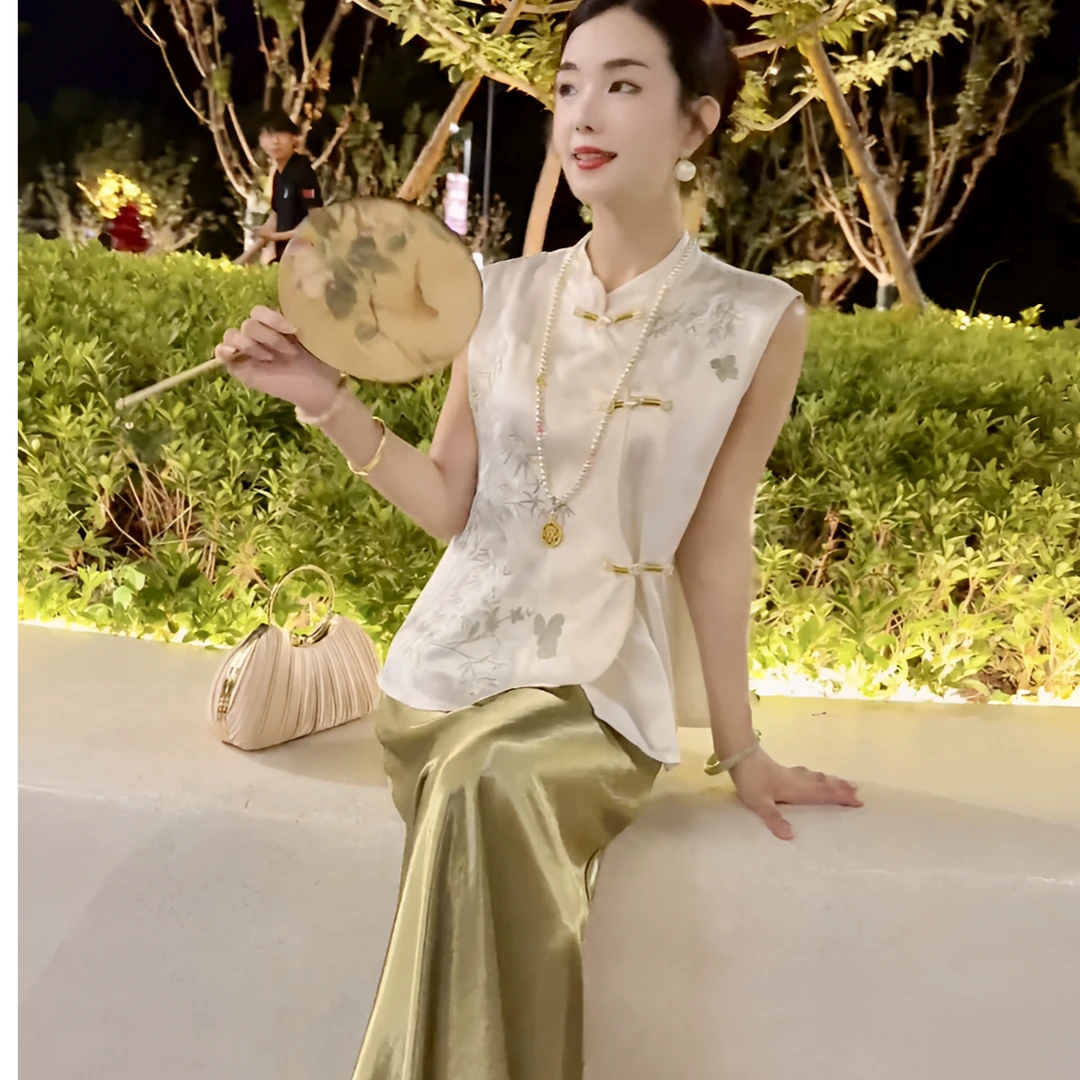 【现货高品质】新中式盘扣上衣国风女装新款夏醋酸半裙套装巨好看