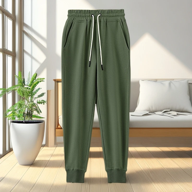 春季重磅秋季纯棉纯色美式运动长裤男女宽松休闲针织抽绳束脚卫裤