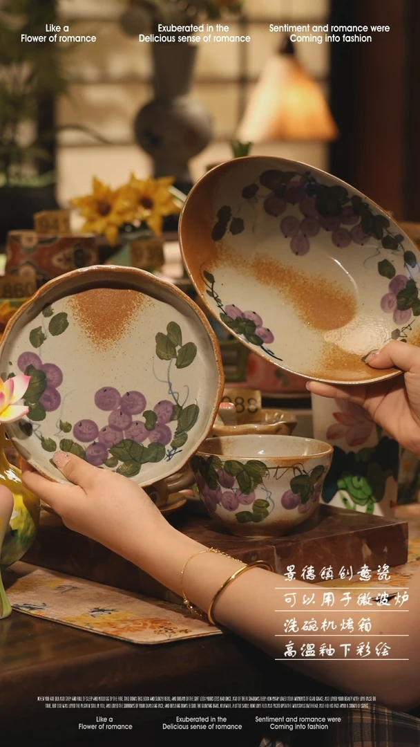 陶瓷三件套景德镇高温手绘釉下彩设计师款式