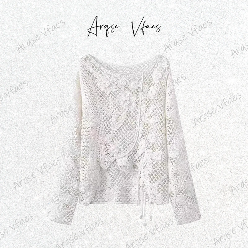 [ARQSEVFAES正品]—2025新款时尚白色百搭镂空刺绣针织衫50228149A