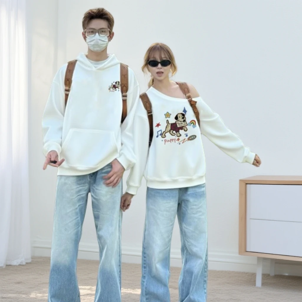 情侣装卫衣秋冬季新款一男一女斜肩纯棉卫衣宽松韩版潮流情侣卫衣