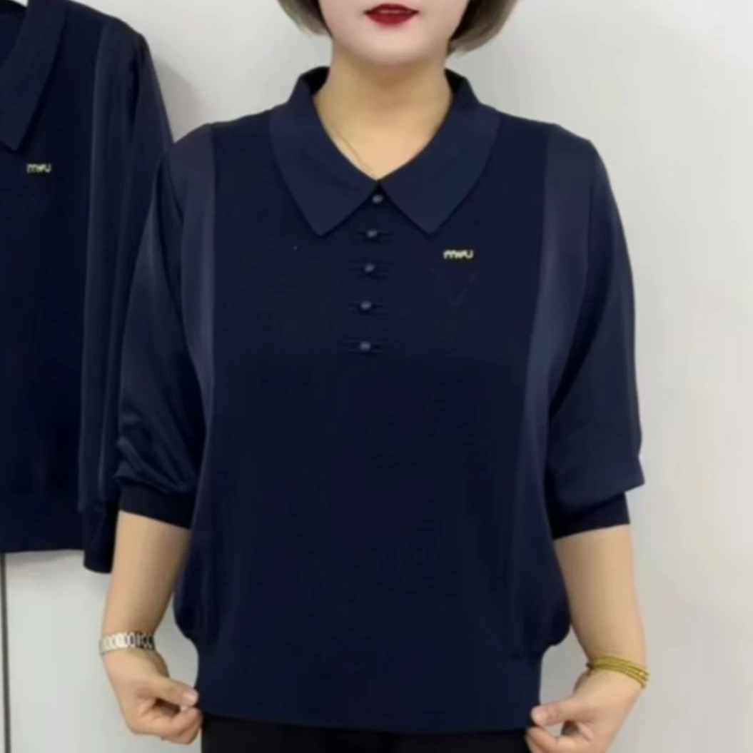 2025新款宽松春秋款针织衫韩版翻领长袖休闲百搭拼接中老年妈妈装