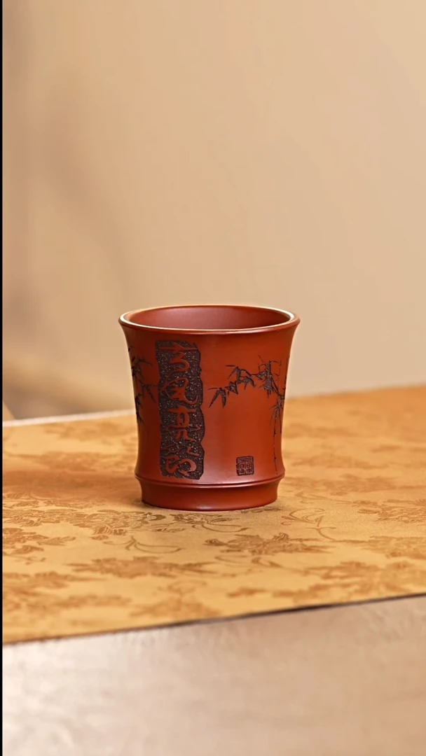 茶杯紫砂宜兴原矿紫砂高风亮节刻绘竹节杯
