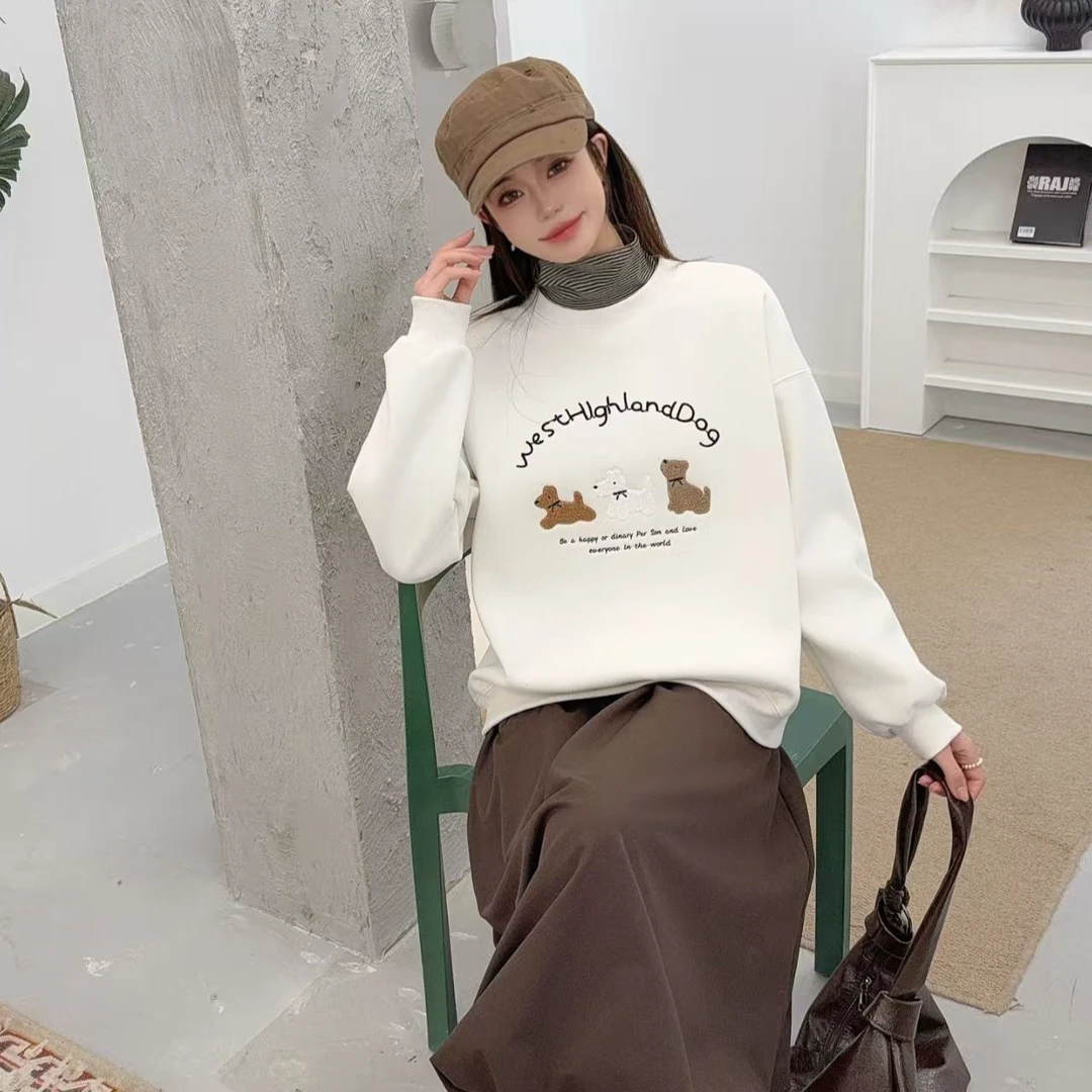 半高领假两件冬季新款韩版宽松百搭圆领长袖加绒卫衣女4681-3