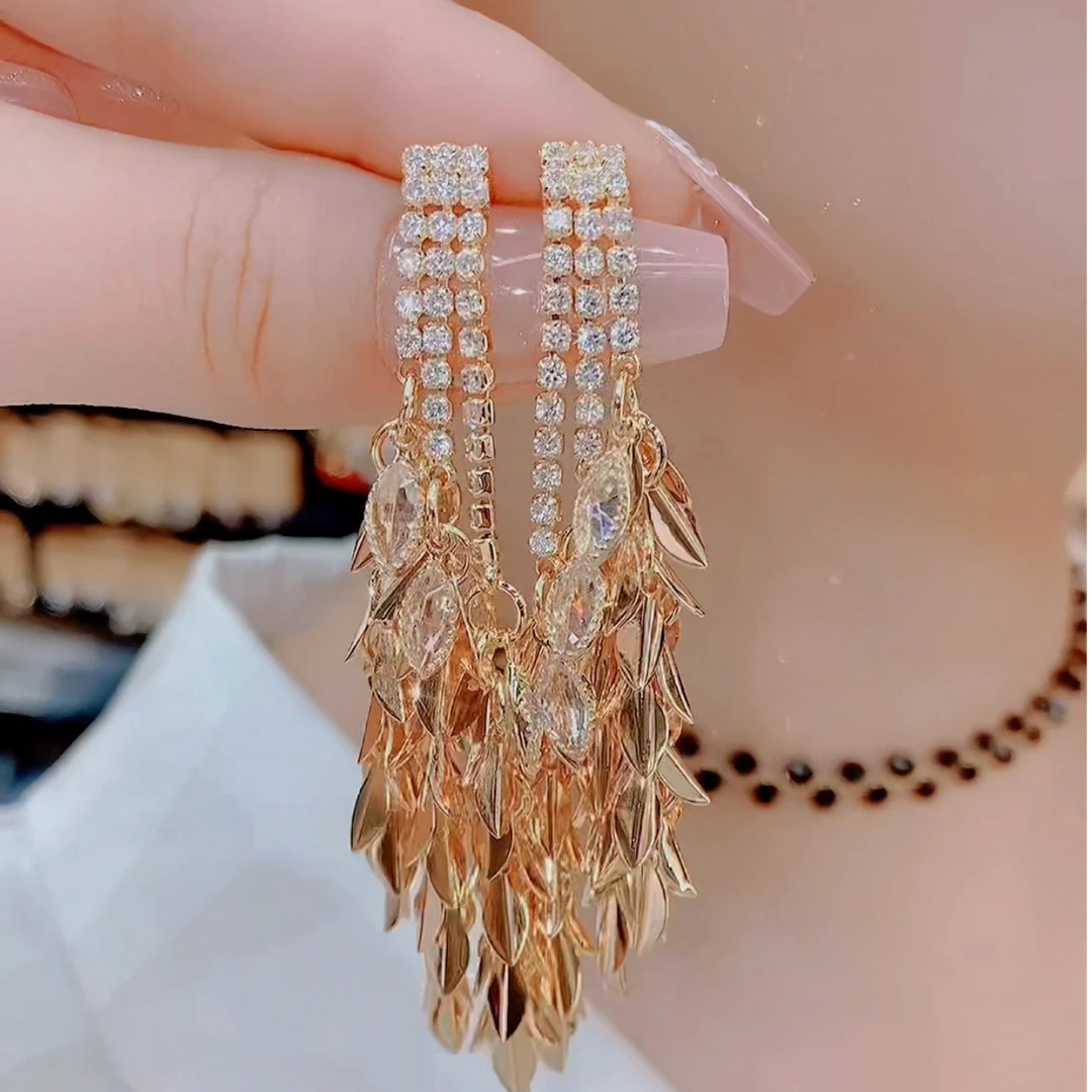 铜合金合成锆石耳饰 5412长款时尚百搭金色麦穗流苏欧美耳环轻奢