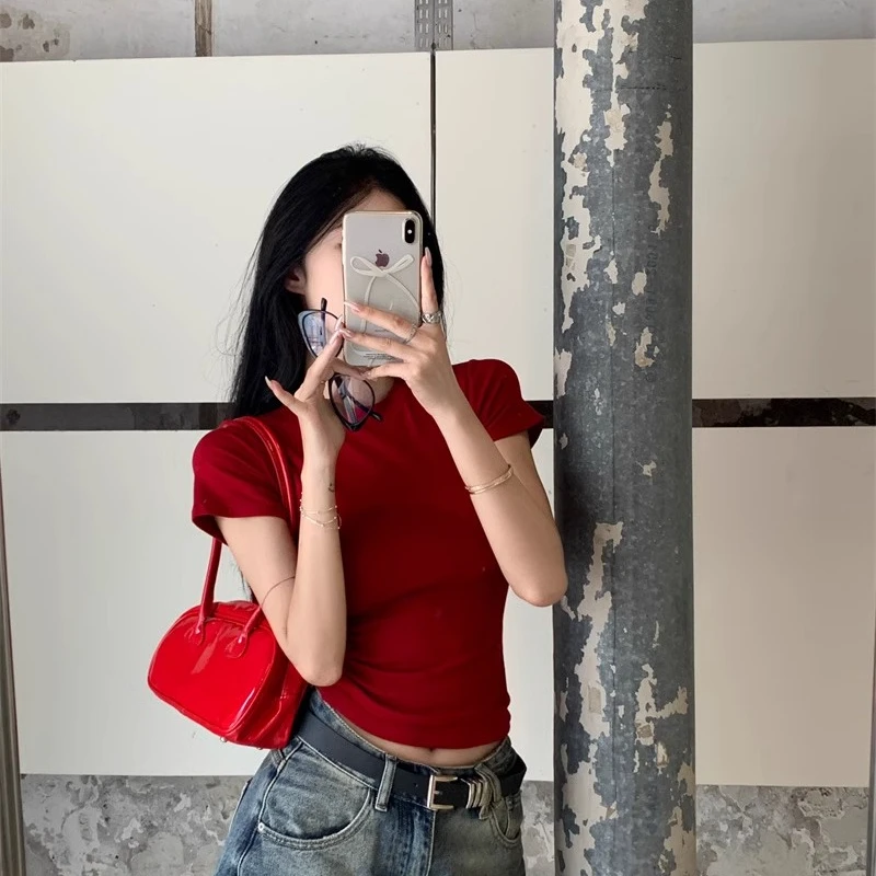 拉夏贝尔正肩短袖T恤女夏季小个子紧身辣妹短款露脐复古红色上衣