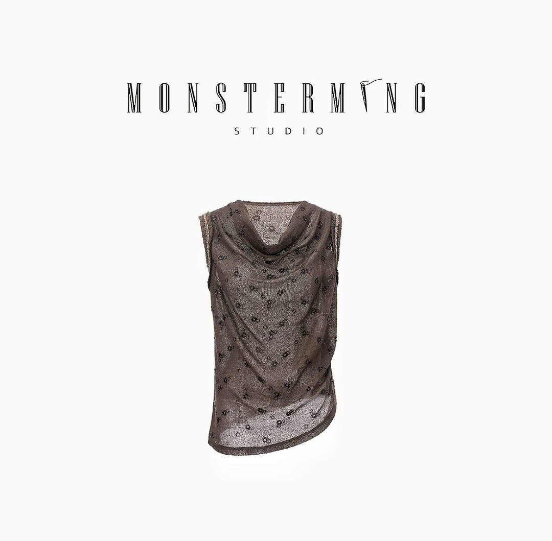 【MONSTERMING】蕾丝休闲拼接针织荡领上衣女夏季气质时尚打底衫