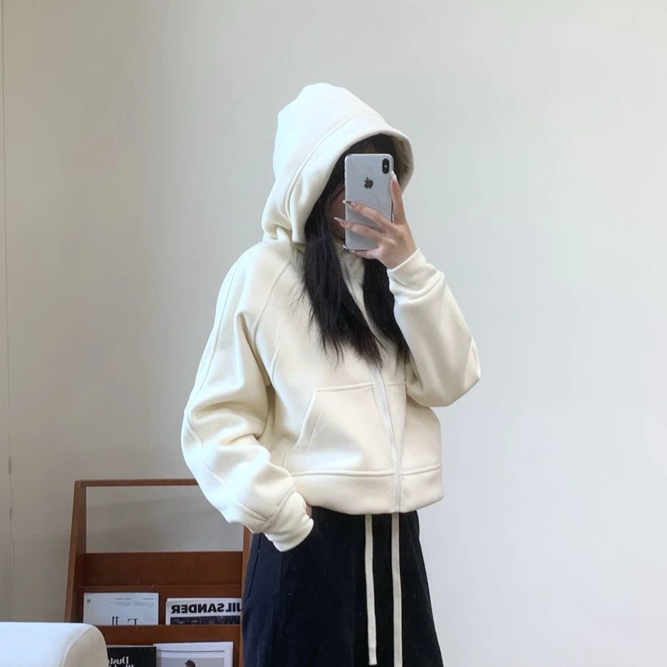 春秋加厚scuba短款瑜伽外套女高级感金拉链连帽运动卫衣宽松