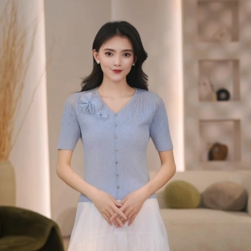 IF-V领2025春夏新款精致女人闪闪钻镂空短袖花朵微透半袖针织杉