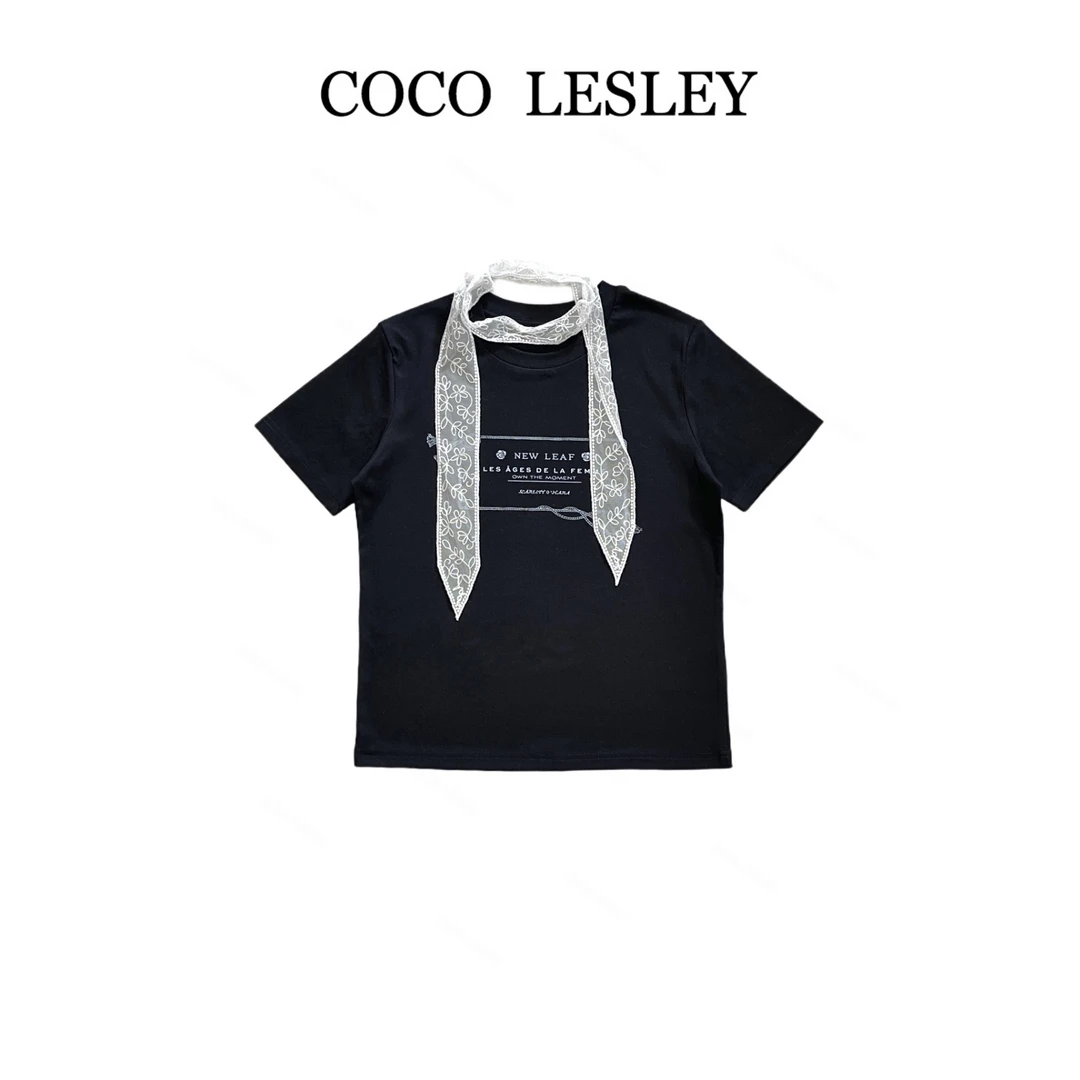 COCO LESLEY 修身百搭时尚显瘦圆领蕾丝短袖T恤7305