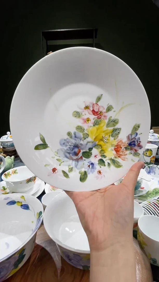 碗紫*花景德镇高温釉下彩莫奈大花8英寸斗笠盘5号微瑕不退不换