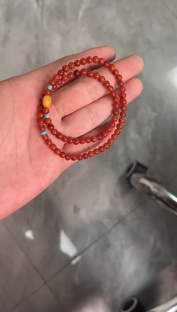 手串未镶嵌南红玛瑙火焰红双圈蜜蜡手串QF-B73