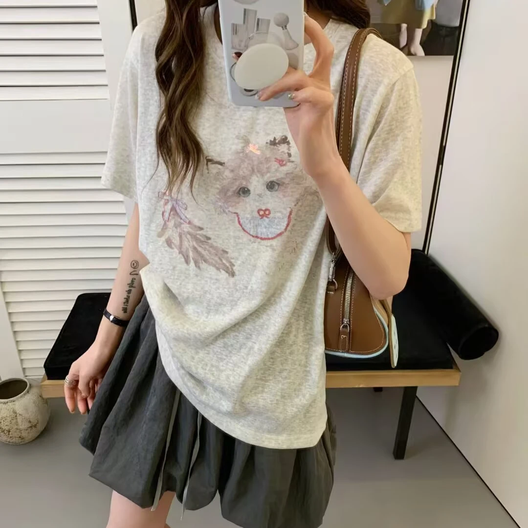T2402 可爱猫咪 夏装新款短款亮片印花圆领短袖T恤韩版上衣女