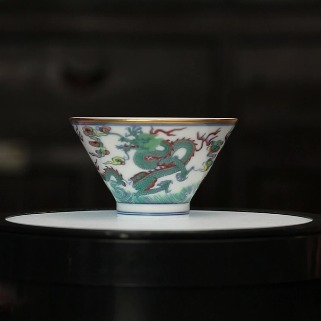 1.3a/k01848/何平窑/描金斗彩双龙戏珠斗笠杯